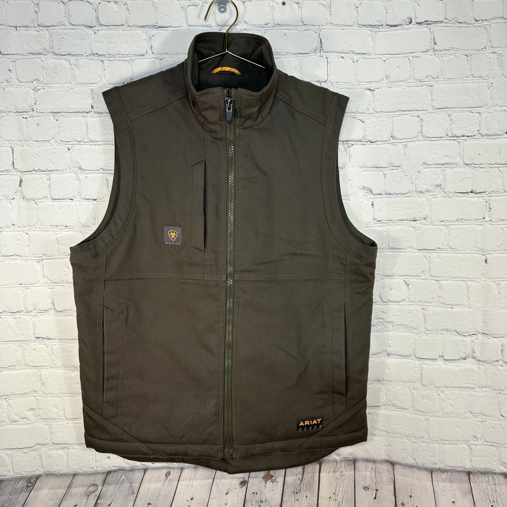 Ariat Rebar Mens Canvas Work Vest Dark Brown Full Zip Utility Vest Size Medium
